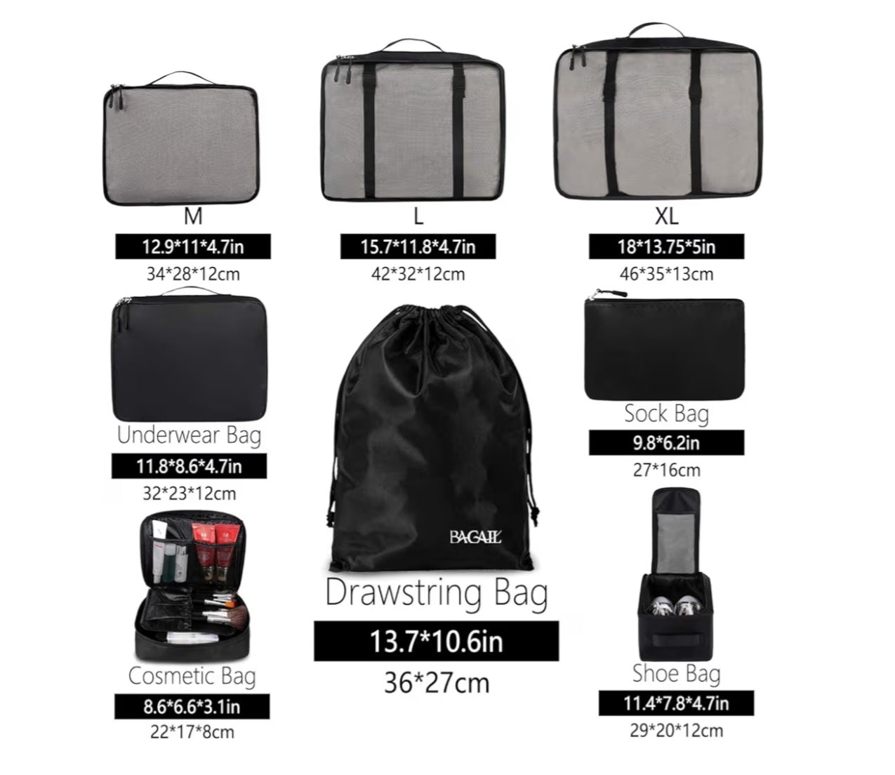 Luggage Packing Organizers for Travel Accessories-Jet Black 8 pieces